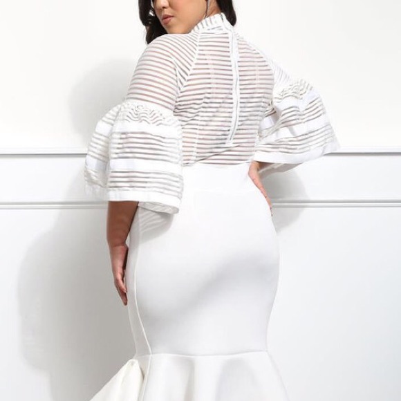 1X-White Mermaid Hem Bell Sleeve Dress - Picture 2 of 8